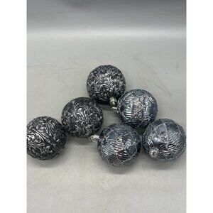 set of 6 Christmas ornament bulbs silver black shine graphic assorted decor READ